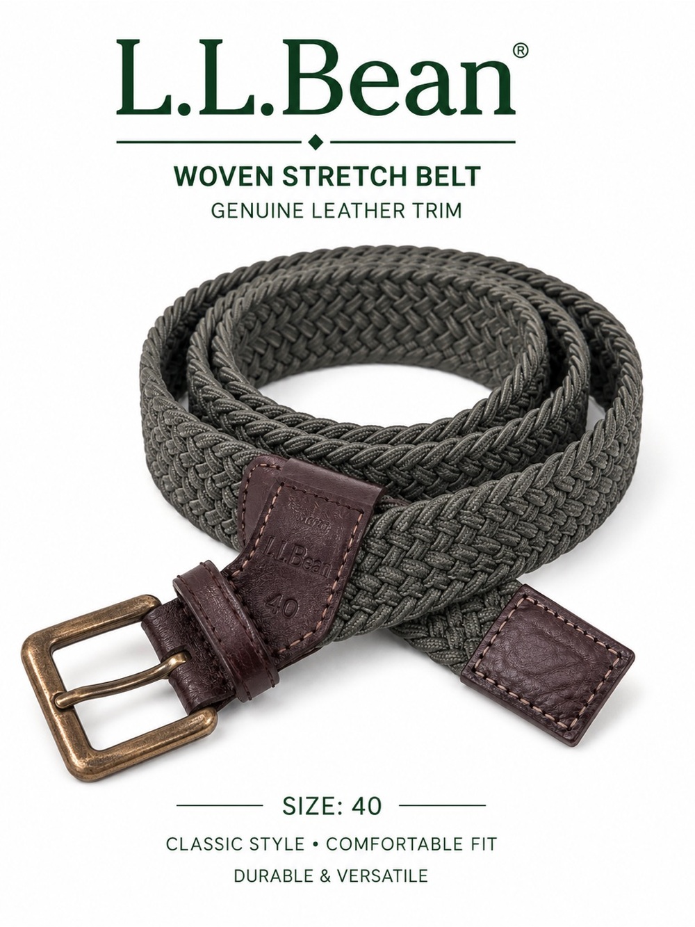 L.L.Bean Woven Stretch Belt Gray Brown Leather Trim Brass Buckle Size 40